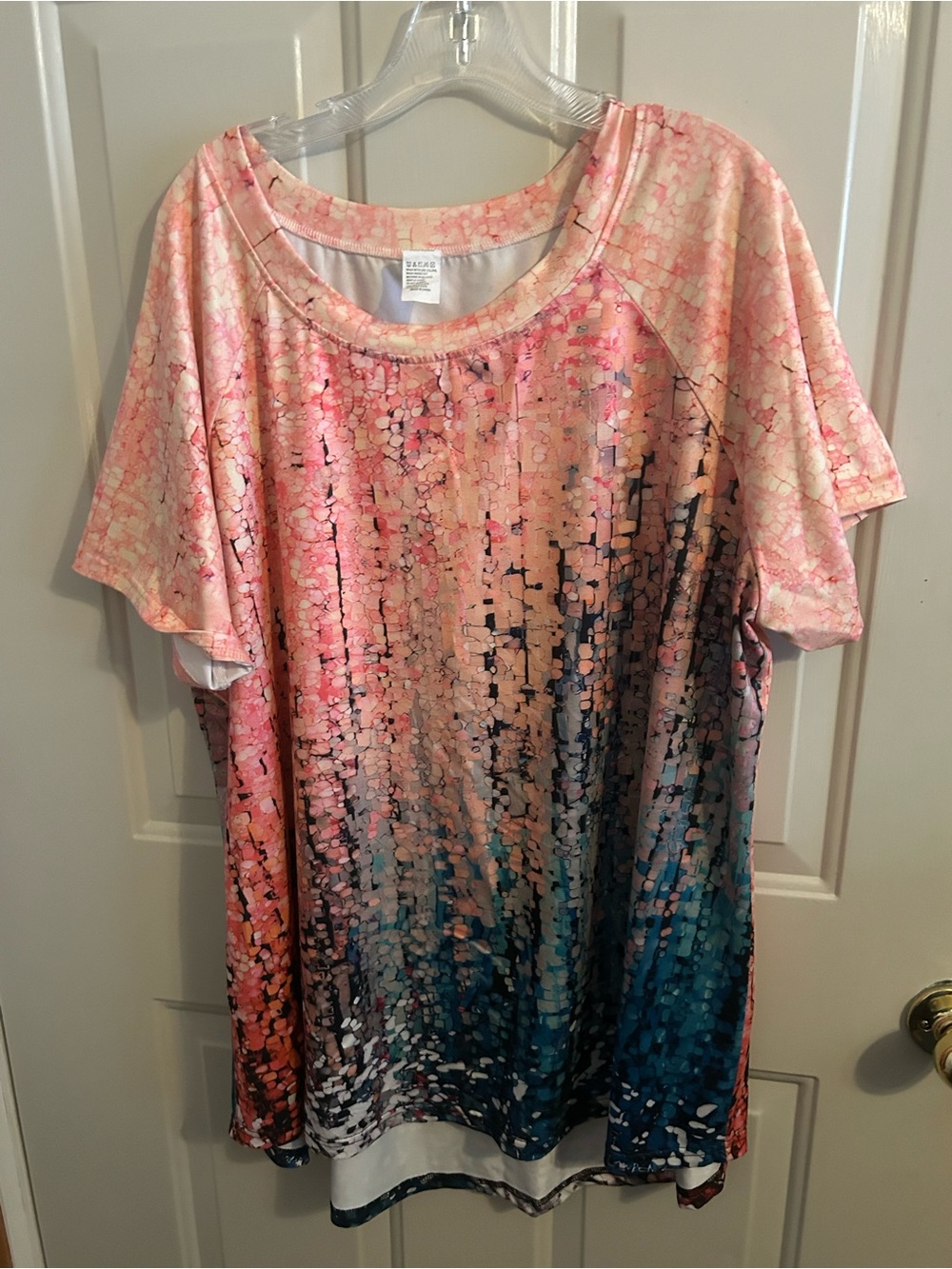 Women’s Multicolor Orange/Teal Short Sleeve Tee - Casual Scoop Neck